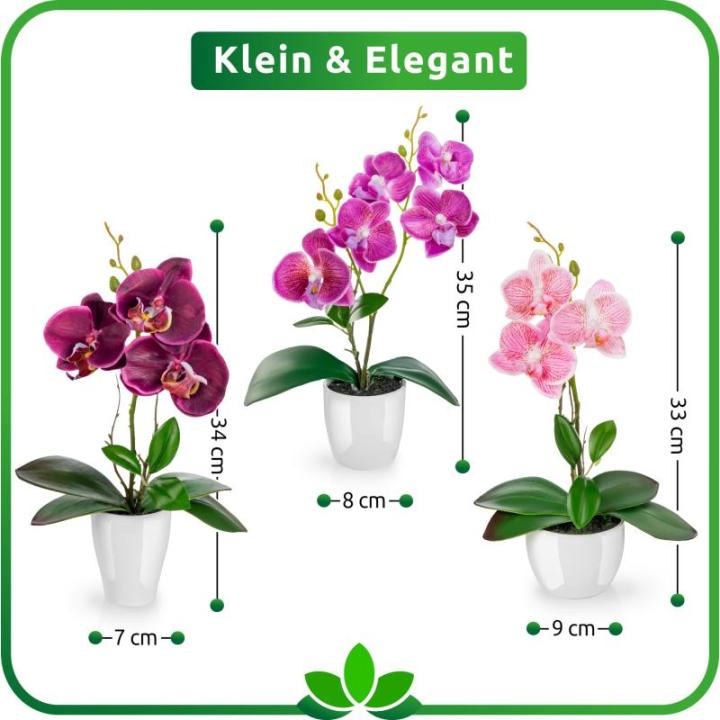 in pot (35 cm), set van 3 kunstorchideeën, kunstmatig afgestemde arrangement in hoogglans-keramische potten, decoratieve kunstorchideeën (paars-roze)