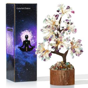 Kristallen fluoriet boom edelstenen kristallen boom decoratie steen grote levensboom geldboom kristal geluksbrenger boom houten sokkel esoterie geschenken veel geluk
