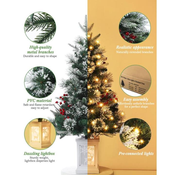 Kunstkerstboom, 90 cm, met 78 verlichting, sneeuwvlokken, op batterijen, pre-lit premium met rode bessen, kerstdecoratie voor thuis, kantoor, witte basis