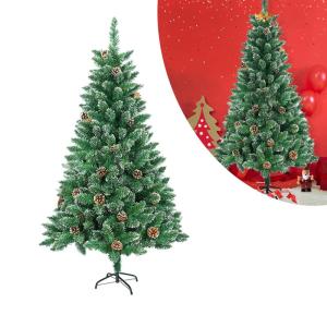 Kunstkerstboom, 210 cm, pvc, met sneeuweffect, dennenappels, kerstboom met snel op te bouwen, klapsysteem, brandvertragende kunstdennenboom met metalen standaard