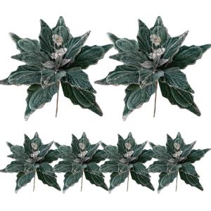 6pcs Poinsettia Blumen künstlich 11 Zoll lebensee Weihnachtsblumen weiche künstliche Blumen mit Glitzerpulver für Weihnachten Neujahrspartydekorationen, Grün, Weihnachtsblumen