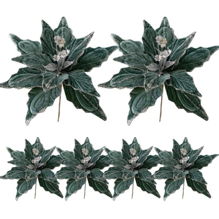 6pcs Poinsettia Blumen künstlich 11 Zoll lebensee Weihnachtsblumen weiche künstliche Blumen mit Glitzerpulver für Weihnachten Neujahrspartydekorationen, Grün, Weihnachtsblumen