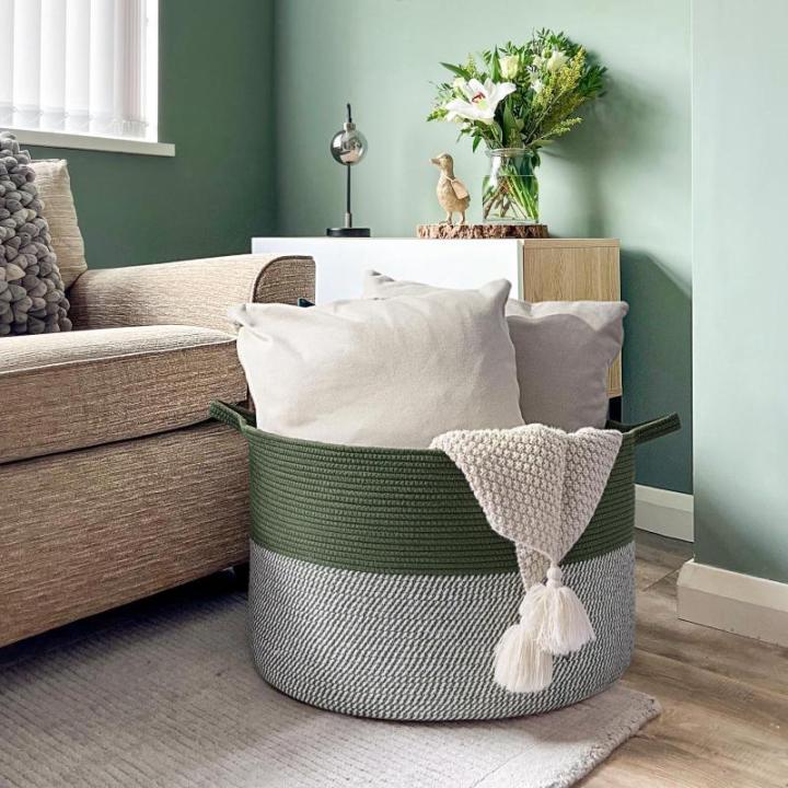 Opbergmand voor kinderkamer, wasmand voor kinderen, grote kerstboommand, mand voor dekens, babyspeelgoed, gevlochten mand, 55 x 35 cm, olijfgroen
