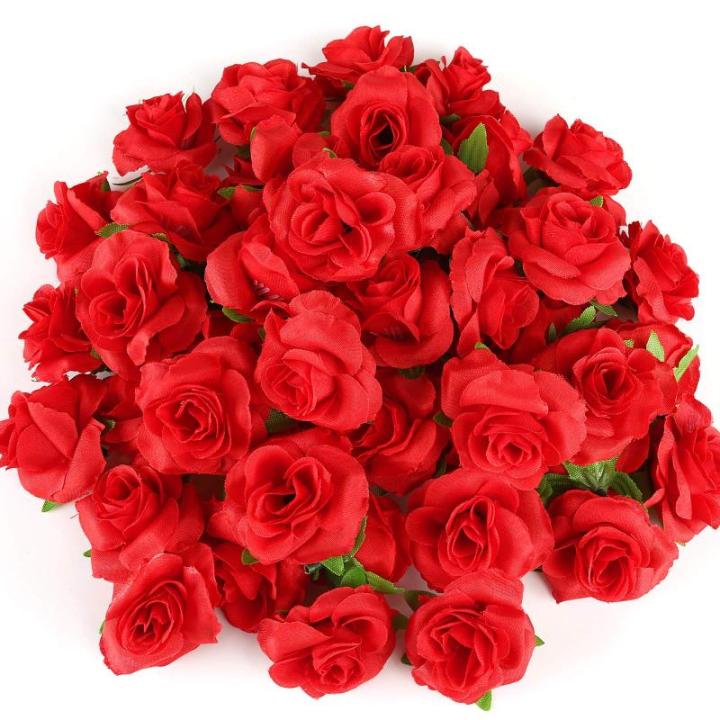 Kunstbloemkoppen, 50 stuks, kunstbloemen, rozen, voor bruiloft, feest, decoratie, doe-het-zelf (Ø 4 cm, rood)