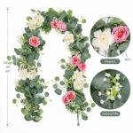 Künstliche Eukalyptus-Blumengirlande mit weiß-rosa Rosen, künstliche Pflanzen, Seide, Blumen, grüne Girlande, Kunstschleierkraut, Efeu-Ranken für Hochzeitsdekoration, Zuhause,