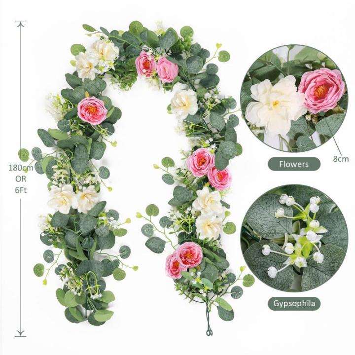 Künstliche Eukalyptus-Blumengirlande mit weiß-rosa Rosen, künstliche Pflanzen, Seide, Blumen, grüne Girlande, Kunstschleierkraut, Efeu-Ranken für Hochzeitsdekoration, Zuhause,