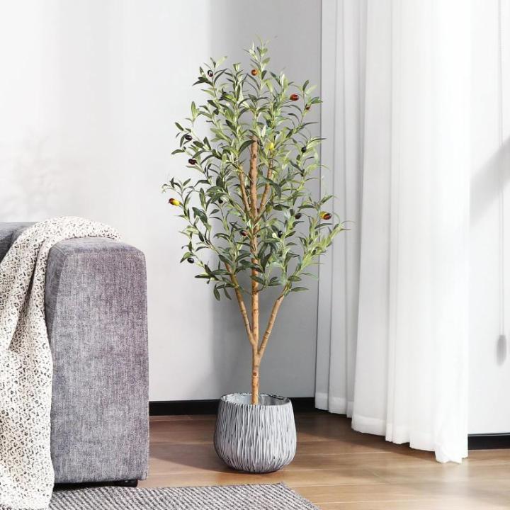 Kunstmatige olijfboom, 120 cm, grote kunstplant met natuurlijke houten stam en vruchten, kunstmatige olijfboom in pot, voor huis, slaapkamer, kantoor, tuin, decoratie (2 stuks)
