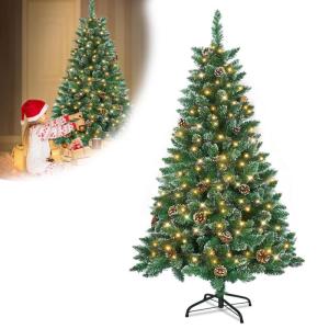 Kunstkerstboom met verlichting, groen, pvc, met sneeuweffect, dennenappels, led, pvc, kerstboom, decoratieve boom met standaard, kerstdecoratie voor kerstdecoratie