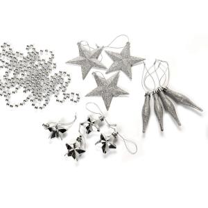 Kerstboomversiering - zilver - 60-delig - set incl. boompunt, ballen, parelketting, slinger en sterren - kunststof