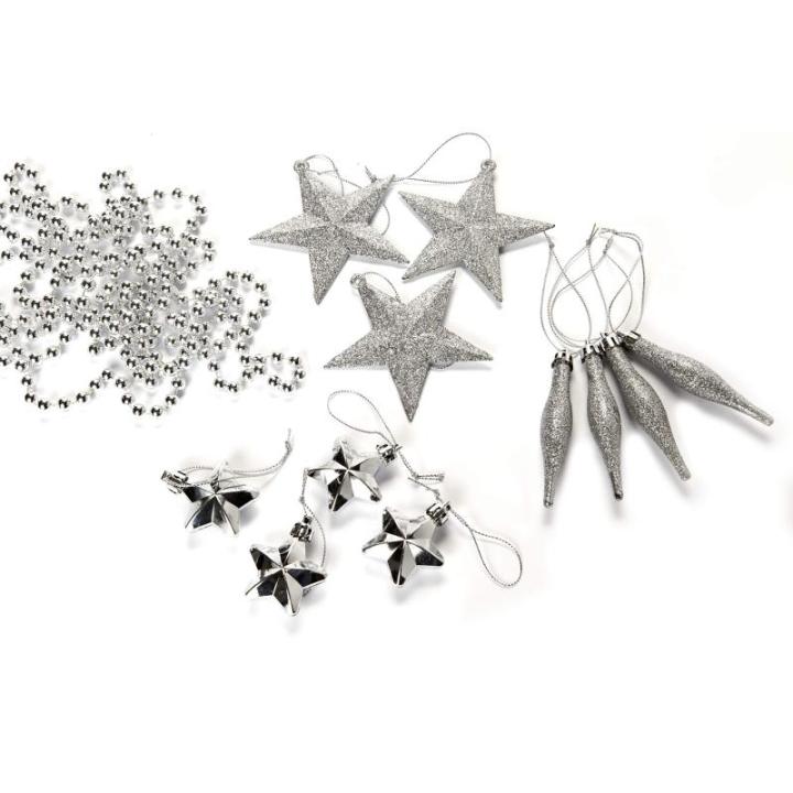 Kerstboomversiering - zilver - 60-delig - set incl. boompunt, ballen, parelketting, slinger en sterren - kunststof
