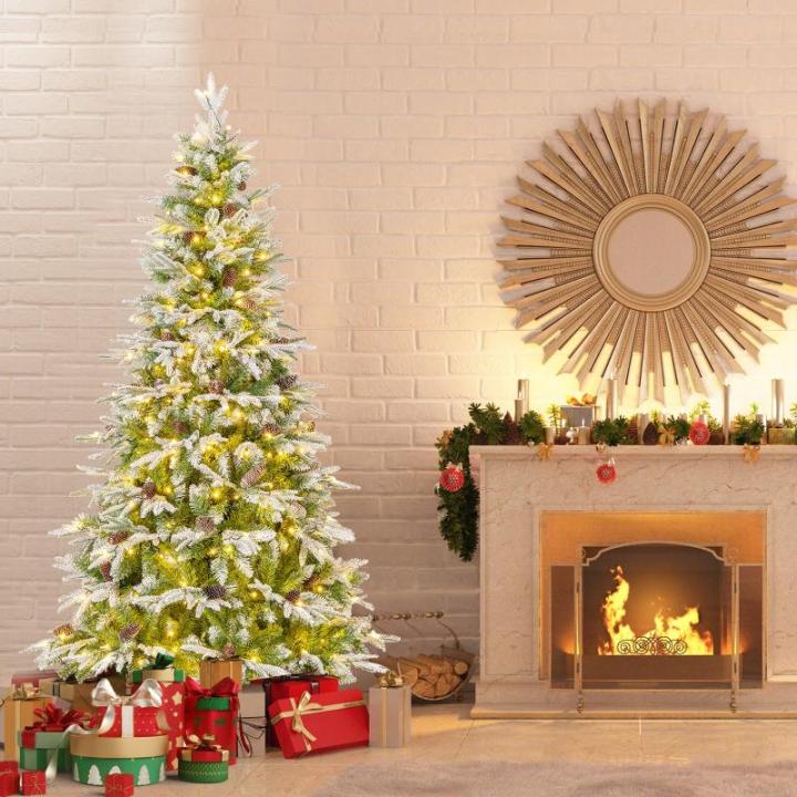 Kunstkerstboom van 190 cm met verlichting en sneeuw, dennenboom met 280 warmwitte ledlampen en 62 dennenappels, kerstboom met scharnierstructuur, kunstboom voor thuis