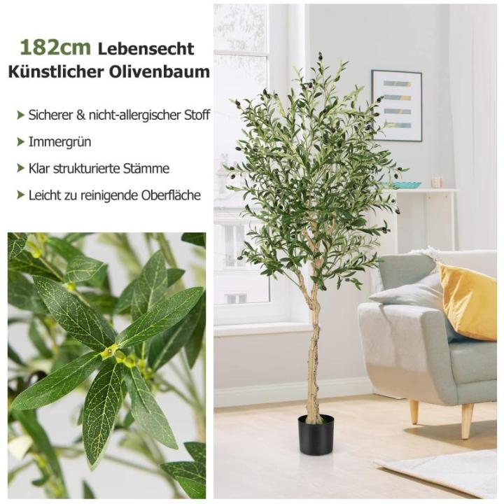 Kunstolijfboom, kunstplant 180 cm, kamerplant met cementpot, natuurlijke bladeren en 72 vruchten, kunstboom voor tuin, kantoor, thuis, , groen