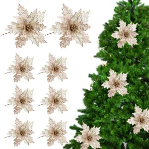 Poinsettia Blumen künstlich 8pcs 8x10in realistische Weihnachtsblumen mit Pailletten & Textur Stoff Poinettias Künstliche Weihnachtsblumen, Champagner, Poinsettias Künstliche We