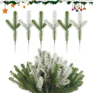 48 stuks kunstdennentakken, 24 cm, dennengroen, kunstmatige dennentakken, kunststof, kersttakken met kunstsneeuw, kunsttakken, kerstdennennaalden, doe-het-zelf slinger, kerstdecora