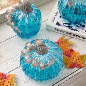3 blaue mundgeblasene Glaskürbisse, Tischakzent für Herbsternte