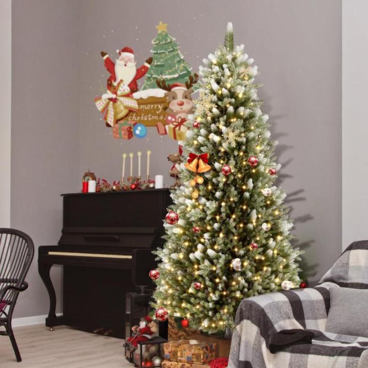 Kunstkerstboom met verlichting, 180 cm, PVC/PE, natuurgetrouw met sneeuwpunten en houten sokkel, kerstbomen, kerstdecoratie