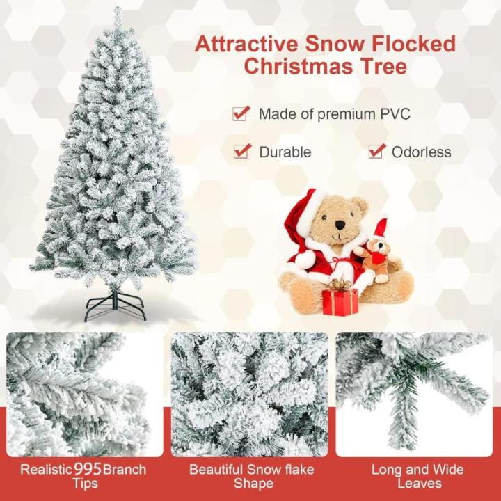 Vija Kunstkerstboom, versierde kerstboom, gevlokte look met standaard, buigbare 995 pvc-takken, moeilijk ontvlambaar, opvouwbare kerstboom, dennenboom, 180 cm
