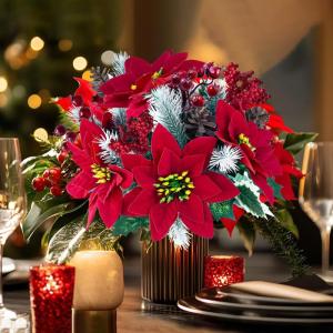 4 stuks kunstkerstster, dennentakken, kunstbloemen met kerstbloemen, rood, kunstdennentakken, kunstbloemen, kerstboeket, kunstkerststerren