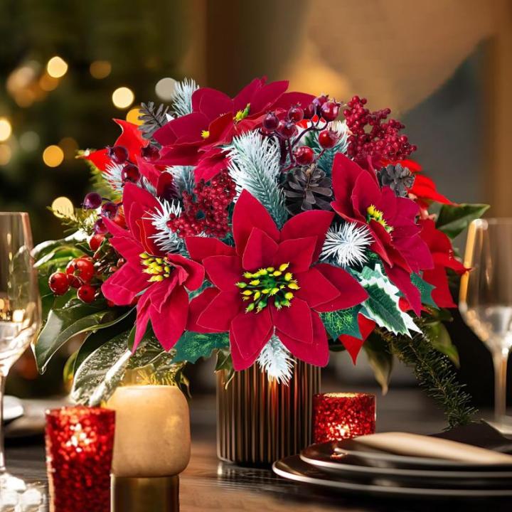 4 stuks kunstkerstster, dennentakken, kunstbloemen met kerstbloemen, rood, kunstdennentakken, kunstbloemen, kerstboeket, kunstkerststerren