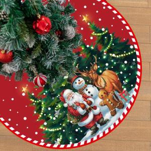 Kerstboomdeken, 120 cm, donkerrood, kerstboomrok, grote kerstboomdeken met kerstman en sneeuwpop, rond, polyester, kerstboomdeken, dennenboomdeken voor wintervakantie, kerstfeest