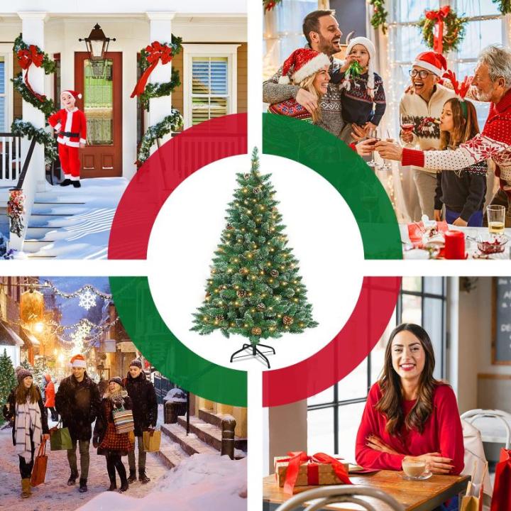 Kunstkerstboom met verlichting, 150 cm, pvc, kunstkerstboom met 180 leds en standaard, kunstkerstdecoratie, met sneeuw en dennenappels