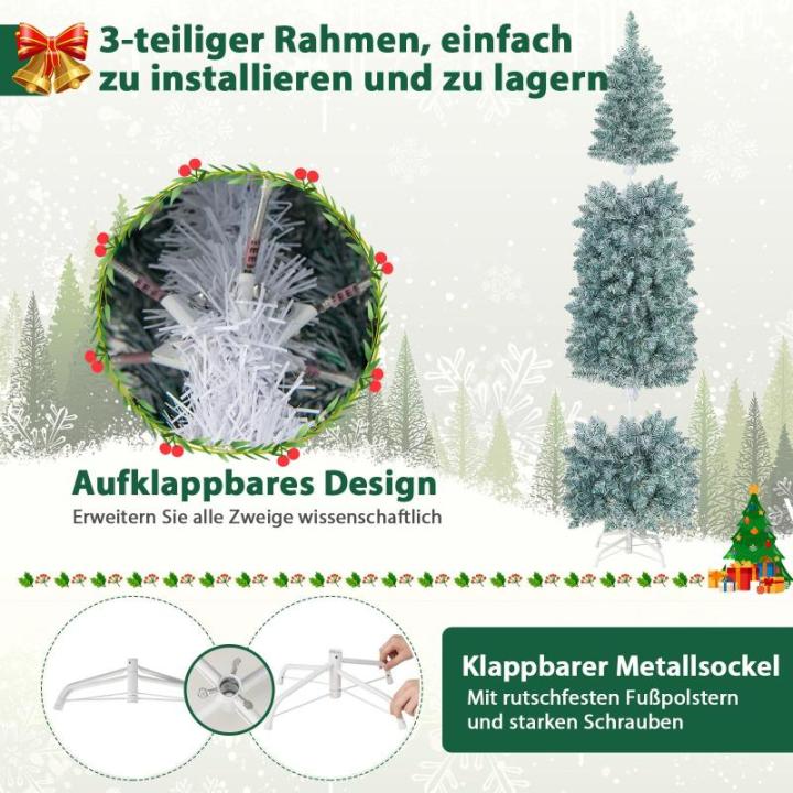 Kunstkerstboom, 180 cm, dennenboom met ledverlichting, slanke kerstboom met veelkleurige lichten, kunstboom met metalen standaard, voor Kerstmis, groen + wit