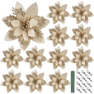 12 stuks glitter kerstster bloemen kerstbloemen met 12 stuks kunststof wortelstokken 12 stuks clips kunstglitter kerstboom bloemen voor kerstboom Nieuwjaar decoraties