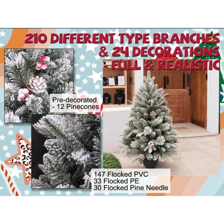 Tafelkerstboom, kleine kerstboom, 6 dennenappels, 6 bessen, 155 takjes (kunstijskralen en dunne kunstsneeuw), pluizig en realistisch, vakantiesfeer, 7,5 m
