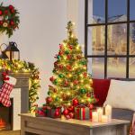 90 cm mini-kunstkerstboom met 50 warmwitte ledlampen en 60 rode bessen, kleine kerstboom, tafel, dennenboom voor kerstdecoratie, groen