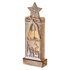 Lichtgevend winterlandschap van hout, 3 leds warm wit licht, kerstdecoratie, IP20 binnen, werkt op batterijen (2 x AA), 10.000 uur levensduur, 6/18 uur timer, 0,3 watt, 12 x 5 x 34