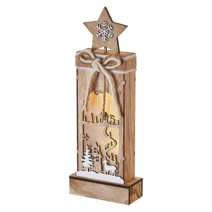 Lichtgevend winterlandschap van hout, 3 leds warm wit licht, kerstdecoratie, IP20 binnen, werkt op batterijen (2 x AA), 10.000 uur levensduur, 6/18 uur timer, 0,3 watt, 12 x 5 x 34