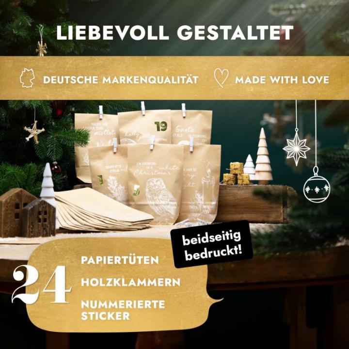 Adventskalender om te vullen, 24 papieren adventszakjes (met houten knijpers) om te knutselen voor Kerstmis, papieren kerstzakjes met cijferstickers
