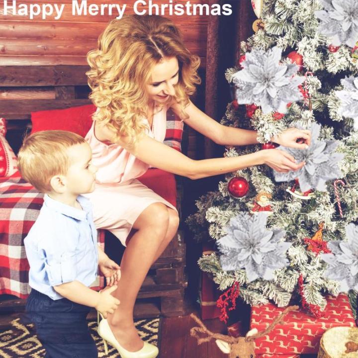 12 Stück Weihnachten Glitzer Weihnachtsstern Silber Künstliche Blumen Deko, Weihnachtsstern Künstliche Blumen mit Clips + Vorbauten, Weihnachtsblumen für Weihnachts Hochzeits G