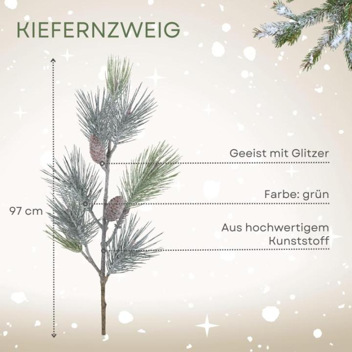Kerstdennentak, geeist met glitter, 97 cm, kunstdennentak met natuurgetrouwe dennenappels en naalden, kerstdecoratie, tafeldecoratie voor Kerstmis