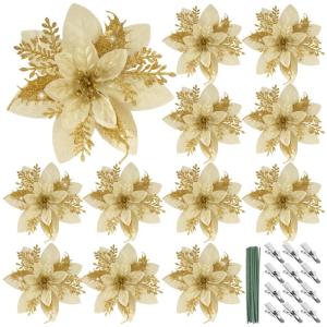 12 stuks glitter kerstster bloemen kerstbloemen met 12 stuks kunststof wortelstokken 12 stuks clips kunstglitter kerstboom bloemen voor kerstboom Nieuwjaar decoraties 15 cm