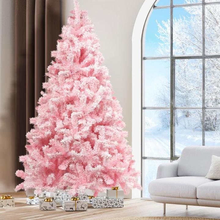 210 cm kerstboom bevlokt roze met volle vlokken decoratie met sneeuwvlokken, 1200 takpunten dennenbladeren van pvc en stabiele basis, kerstboom voor kerstdecoraties