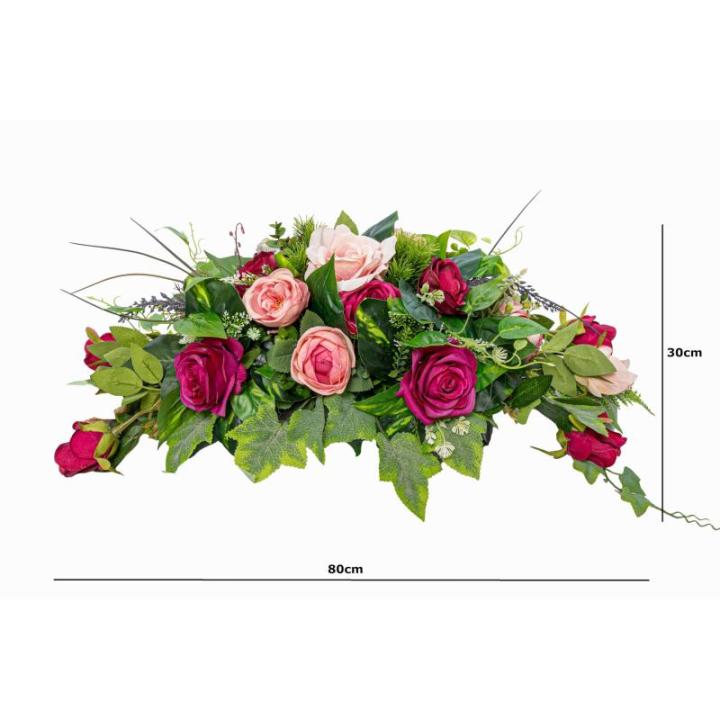 Grafoplegger van kunsttextiel, zijden bloemen, rozen, langwerpig 80 cm groot, XXL, begraafplaats voor dodenzondag, begrafenis als echt (roze)