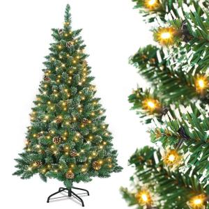 Kunstkerstboom met verlichting, 210 cm, kunstkerstboom met sneeuw en dennenappels, snelle montage, incl. kerstboomstandaard