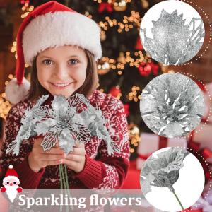 Weihnachtsblumen Künstlich, Weihnachtsbaum Blumen Mit 15 Clips, Glitzer Blumen Weihnachten, Künstliche Blumen für Weihnachten (Silber)