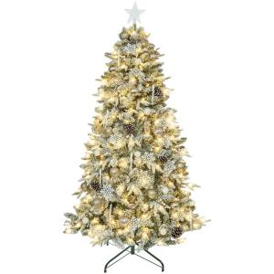 Kunstkerstboom met verlichting met sneeuw en stuk. Kerstballen, kerstdecoratieset, metalen standaard, 210 cm, champagnegoud