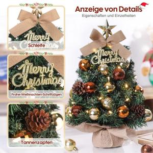 Mini-kerstboom Kleine kerstboom met verlichting, led, tafelkerstboom, klein, kunstzinnig versierd, voor kerstdecoratie, 40 cm, bruin met goud