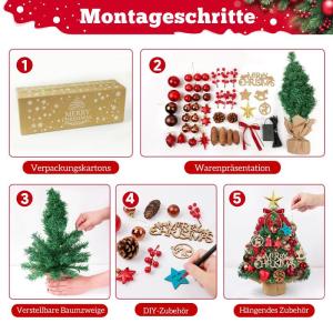 Mini-kerstboom, 45 cm, kleine kerstboom met verlichting, plastic kleine kunstkerstboom, kunstkerstboom met led-decoratie voor tafel, kerstdecoratie