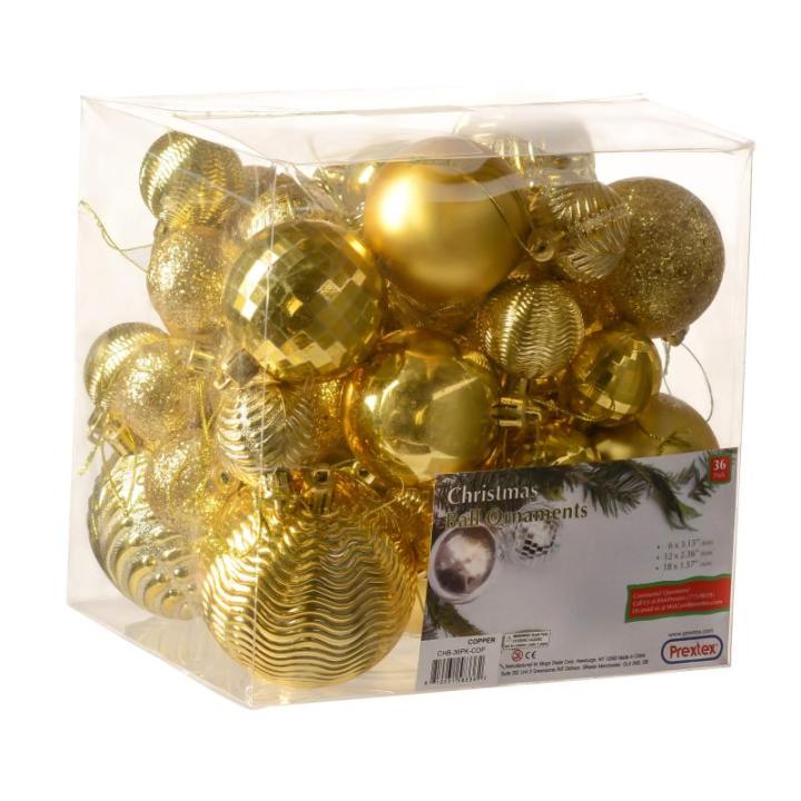 gouden kerstbalornamenten voor kerstversiering - 36 stuks kerstboom onbreekbare ornamenten met ophanglus voor vakantie- en feestdecoratie (combo van 6 stijlen in 3 maten)
