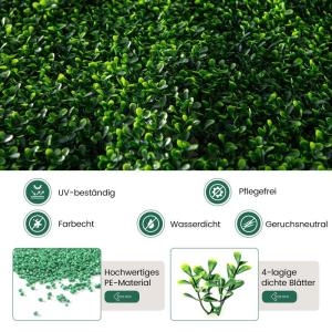 12 stuks kunstheggen, plantenwand, 50 x 50 cm, panelen met buxusbladeren, gesimuleerd gazon, kunstplant, uv-bescherming, kunstplant, decoratie voor muur, balkon, tuin, groen