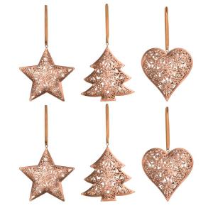 6 stuks 11 cm kerstboomversiering, brons hangende kerstdecoratie van metaal, ijzeren hart, ster, boom kerst