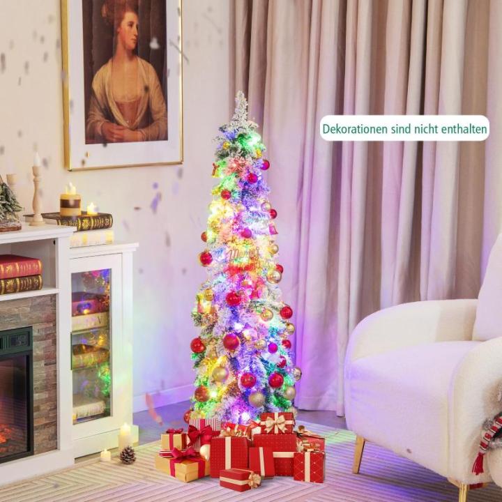 120 cm potlood, kerstboom met sneeuw, leds in warm wit en kleurrijk, 11 lichtmodi, timer, kunstkerstboom met verlichting en metalen standaard, kerstboom voor Kerstmis, wit
