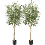 Set van 2 kunstplanten, kunstolijfboom, 182 cm, kamerplant met cementpot en natuurlijke bladeren en 72 vruchten, kunstboom voor tuin, kantoor, thuis, kunstplanten, groen