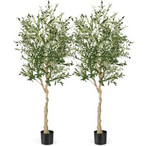 Set van 2 kunstplanten, kunstolijfboom, 182 cm, kamerplant met cementpot en natuurlijke bladeren en 72 vruchten, kunstboom voor tuin, kantoor, thuis, kunstplanten, groen