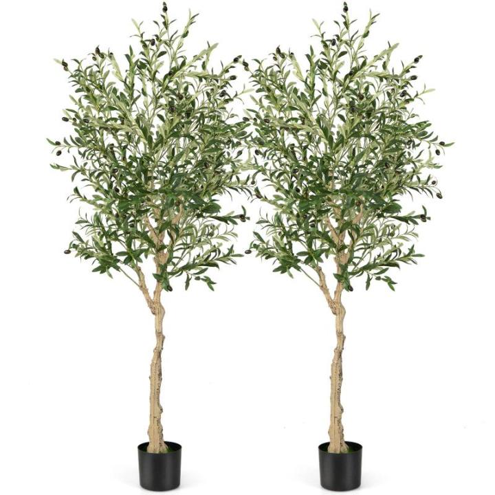 Set van 2 kunstplanten, kunstolijfboom, 182 cm, kamerplant met cementpot en natuurlijke bladeren en 72 vruchten, kunstboom voor tuin, kantoor, thuis, kunstplanten, groen