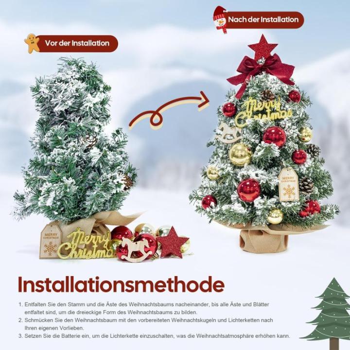 Mini-kerstboom, kleine kerstboom met verlichting, led-tafel, kerstboom, klein, kunstmatig versierd, voor kerstdecoratie (60 cm, rood met goud)